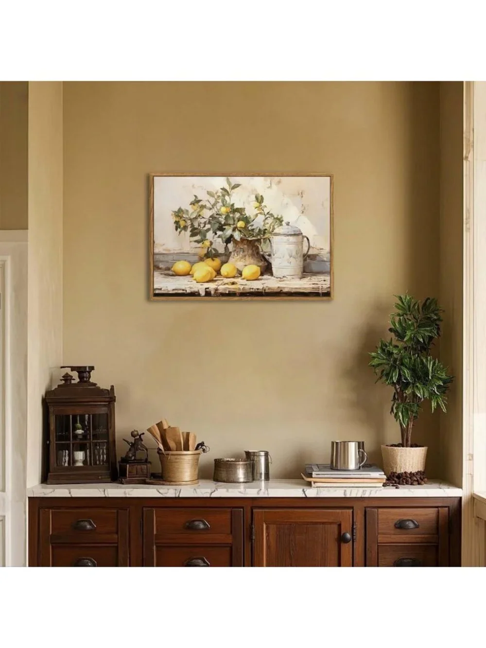 Framed Vintage Kitchen Wall Art - Yellow Lemon Still Life Canvas Print, Rustic